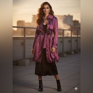C C C Iridescent Plum Taffeta Bubble Hem Trench Coat - Size Small
